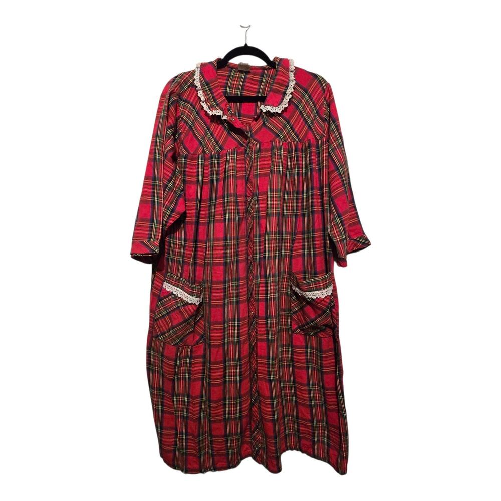 Vintage‎ 70s 80s Carole Plaid Flannel Nightgown Women 1X Red USA Pearl Snap Lace